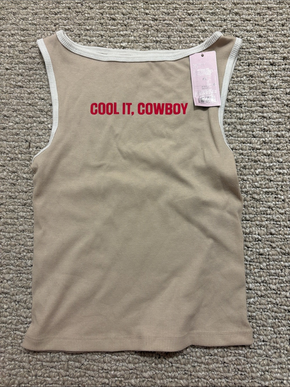 Women’s Beige Ribbed Tank Top with Red 'Cool It, Cowboy' Print